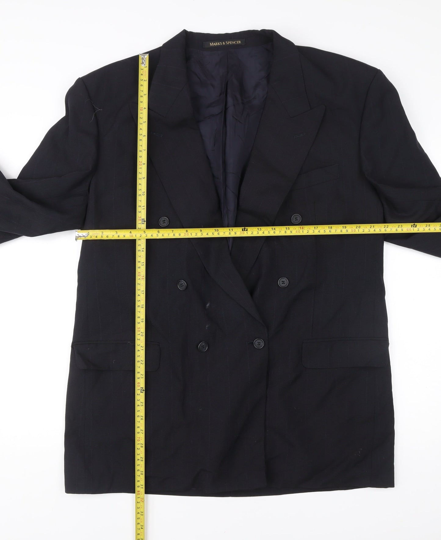 Marks and Spencer Men's Navy Blue 46L Double-Breasted Wool Blend Blazer