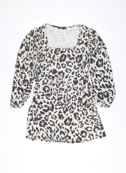 Boohoo Women’s Leopard Print Bodycon Dress Size 14 Long Sleeve