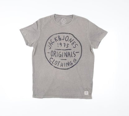 Jack & Jones Men’s Grey Graphic Print T-Shirt Size L Crew Neck