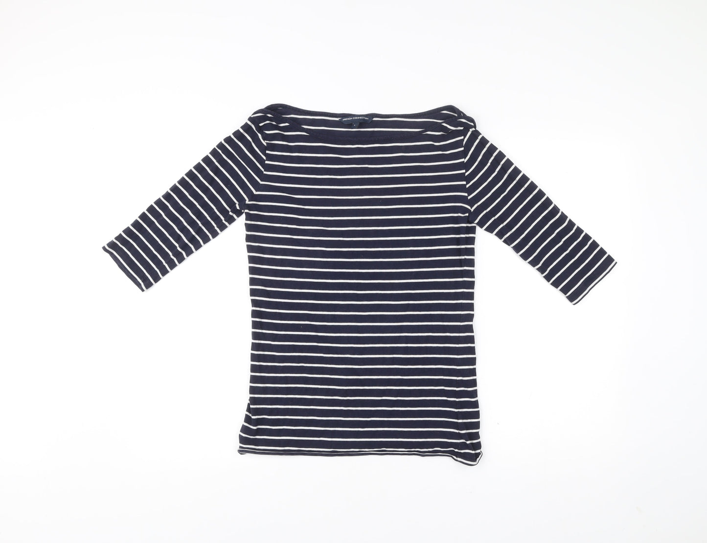French Connection Women Blue Striped 3/4 Sleeve Boat Neck T-Shirt L