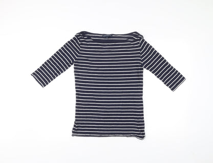 French Connection Women Blue Striped 3/4 Sleeve Boat Neck T-Shirt L