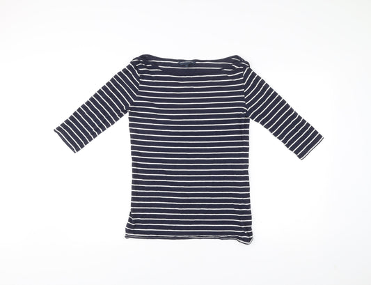 French Connection Women Blue Striped 3/4 Sleeve Boat Neck T-Shirt L