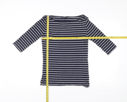 French Connection Women Blue Striped 3/4 Sleeve Boat Neck T-Shirt L