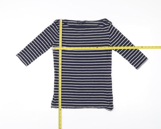 French Connection Women Blue Striped 3/4 Sleeve Boat Neck T-Shirt L