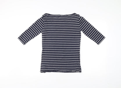 French Connection Women Blue Striped 3/4 Sleeve Boat Neck T-Shirt L