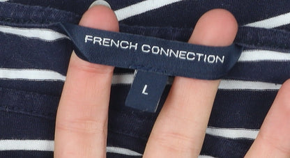 French Connection Women Blue Striped 3/4 Sleeve Boat Neck T-Shirt L
