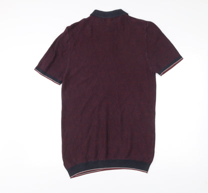 Next Men’s Red Geometric Knit Polo Shirt Size M Short Sleeve