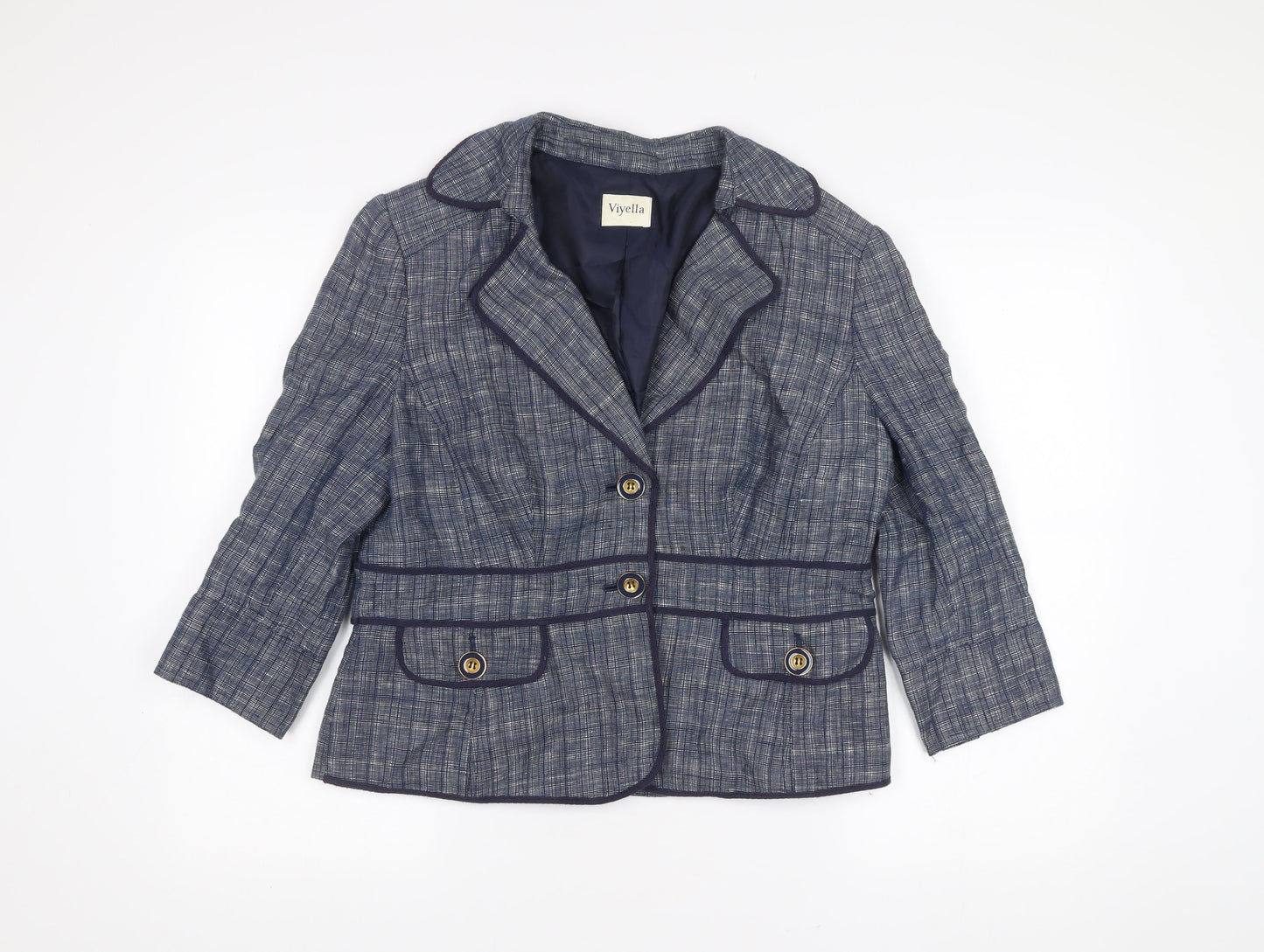 Viyella Womens Blue Linen Blazer Jacket Size 14 Check Buttoned