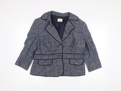 Viyella Womens Blue Linen Blazer Jacket Size 14 Check Buttoned