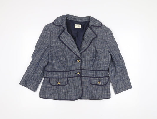 Viyella Womens Blue Linen Blazer Jacket Size 14 Check Buttoned