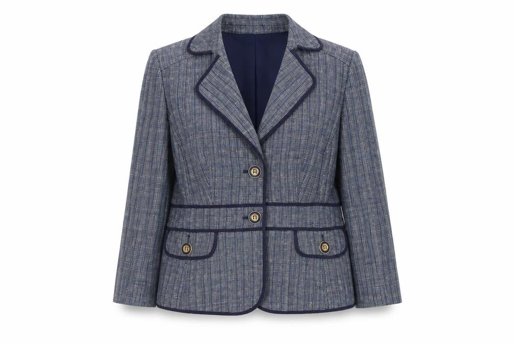 Viyella Womens Blue Linen Blazer Jacket Size 14 Check Buttoned