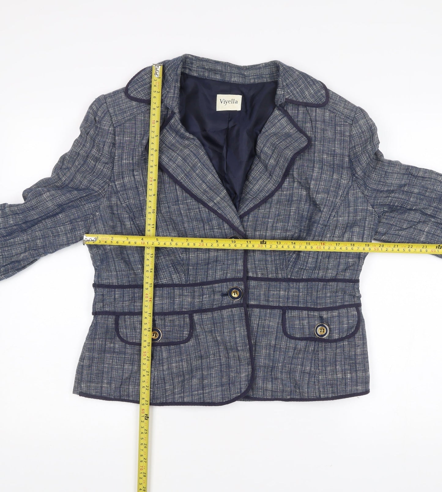 Viyella Womens Blue Linen Blazer Jacket Size 14 Check Buttoned