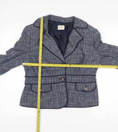 Viyella Womens Blue Linen Blazer Jacket Size 14 Check Buttoned