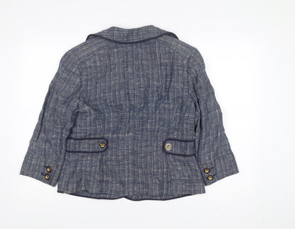 Viyella Womens Blue Linen Blazer Jacket Size 14 Check Buttoned