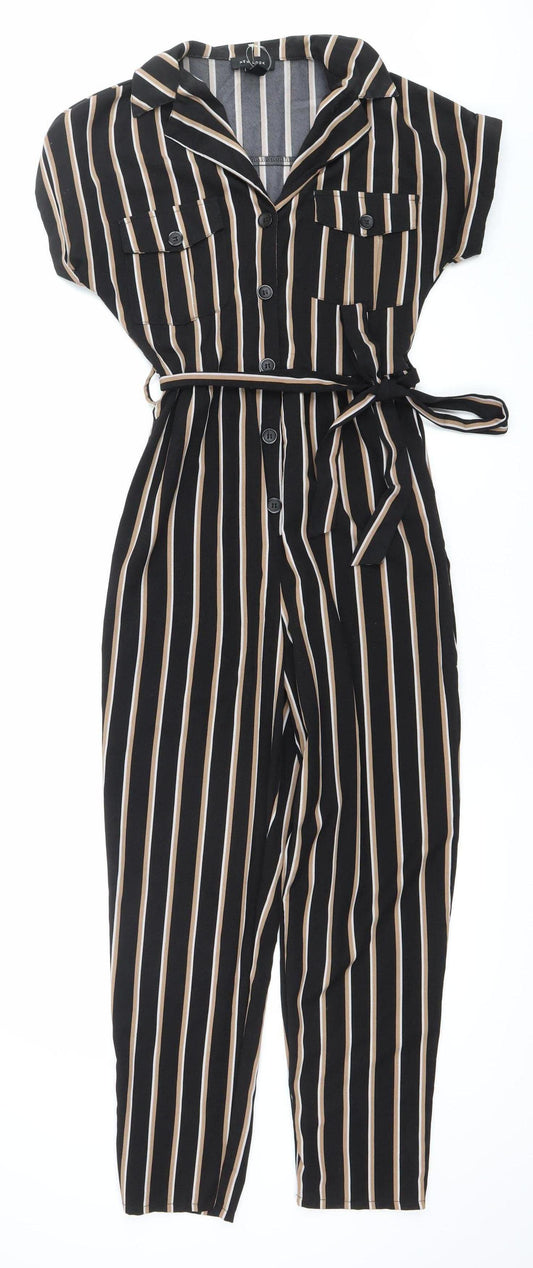 New Look Women’s Black Striped Jumpsuit Size 6 Belted Short Sleeve