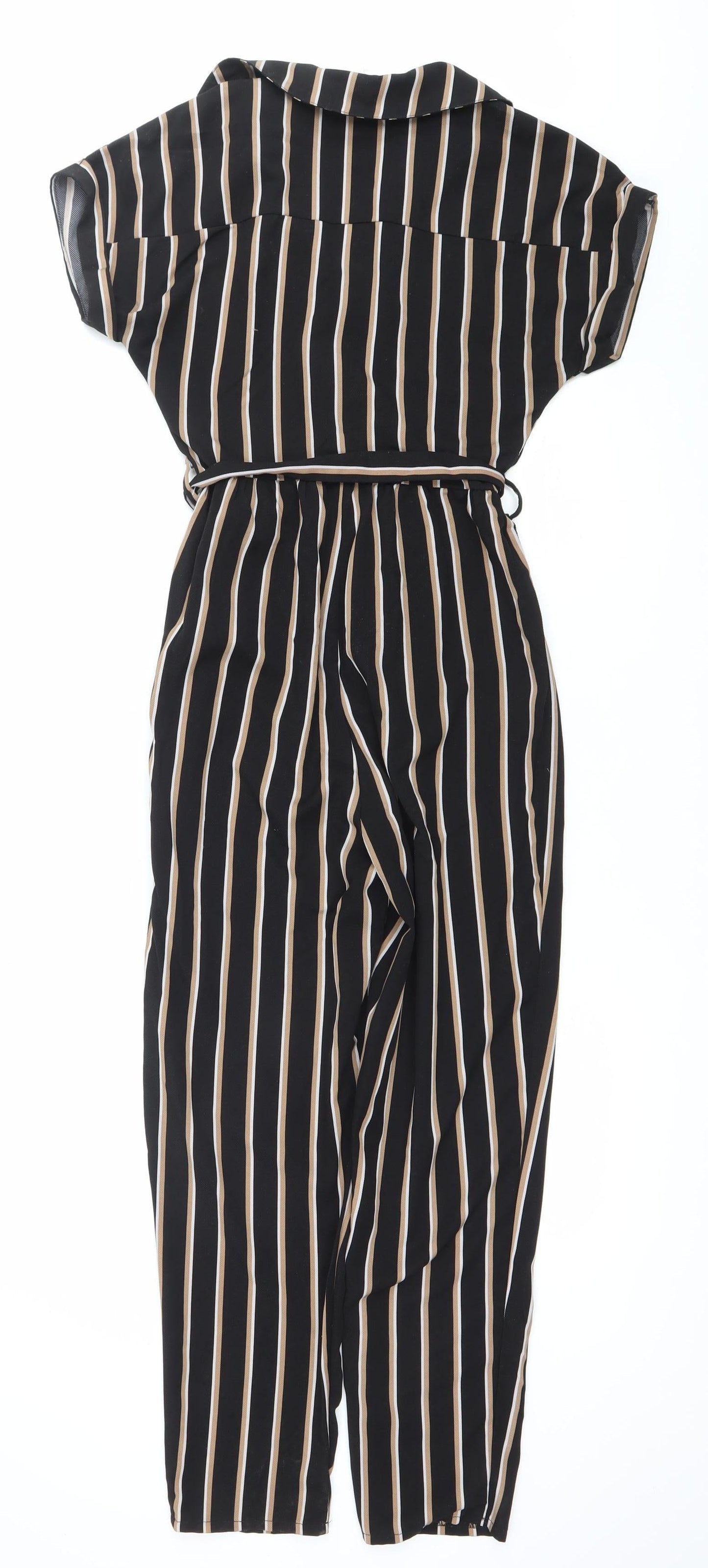 New Look Women’s Black Striped Jumpsuit Size 6 Belted Short Sleeve