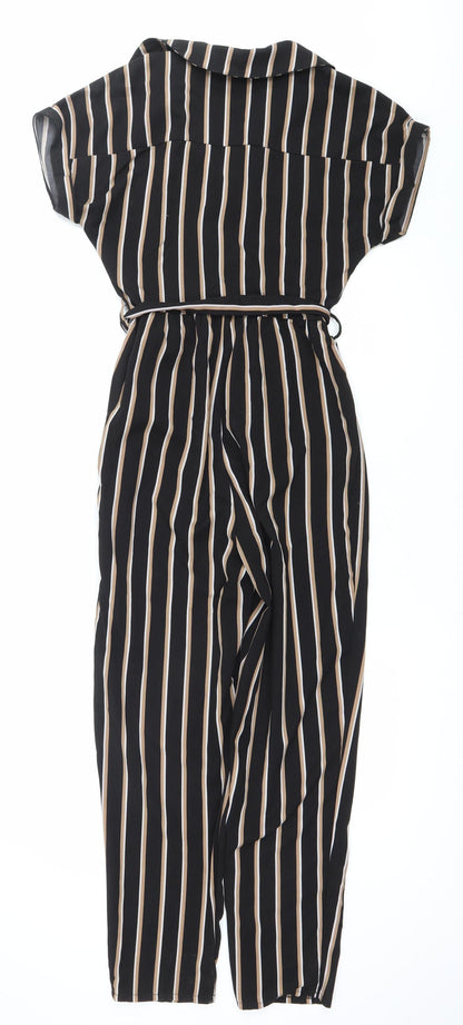 New Look Women’s Black Striped Jumpsuit Size 6 Belted Short Sleeve
