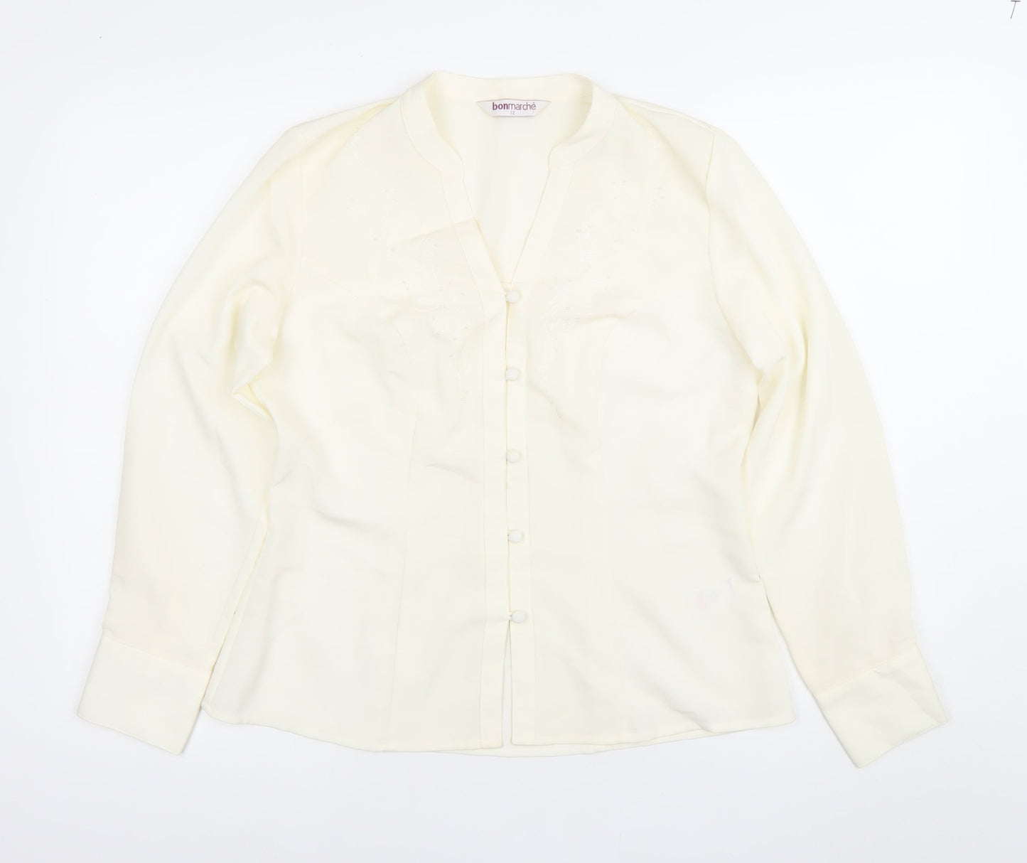 Bonmarche Womens Ivory Button-Up Blouse Size 12 Long Sleeve Embroidered