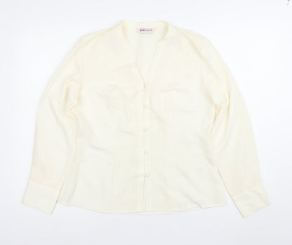 Bonmarche Womens Ivory Button-Up Blouse Size 12 Long Sleeve Embroidered