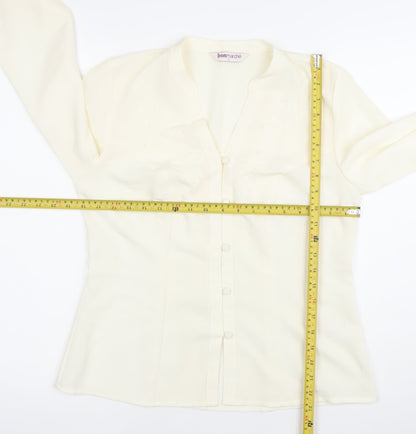 Bonmarche Womens Ivory Button-Up Blouse Size 12 Long Sleeve Embroidered