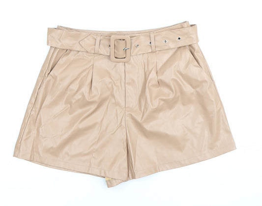 PrettyLittleThing Women’s Beige Faux Leather Paperbag Shorts UK 10