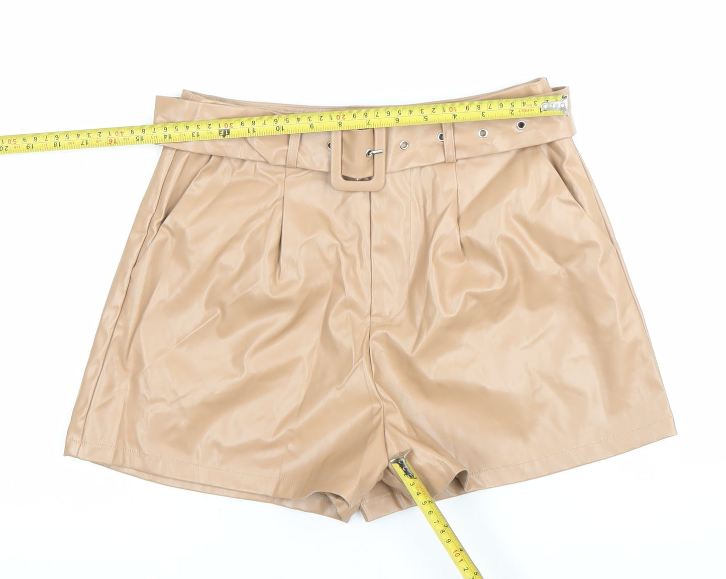 PrettyLittleThing Women’s Beige Faux Leather Paperbag Shorts UK 10