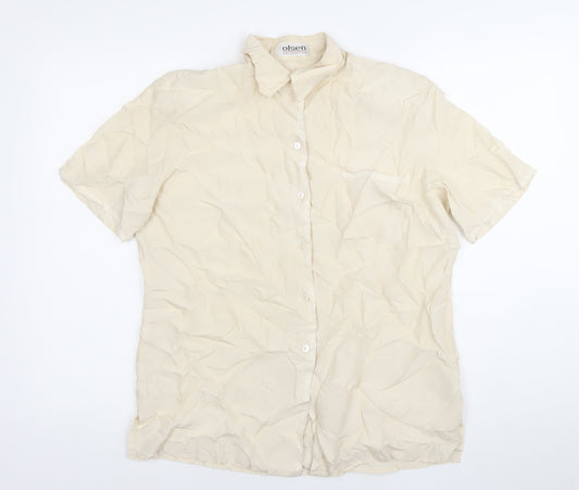 Olsen Womens Beige Silk Short Sleeve Button-Up Shirt Size 10