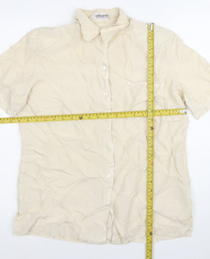 Olsen Womens Beige Silk Short Sleeve Button-Up Shirt Size 10