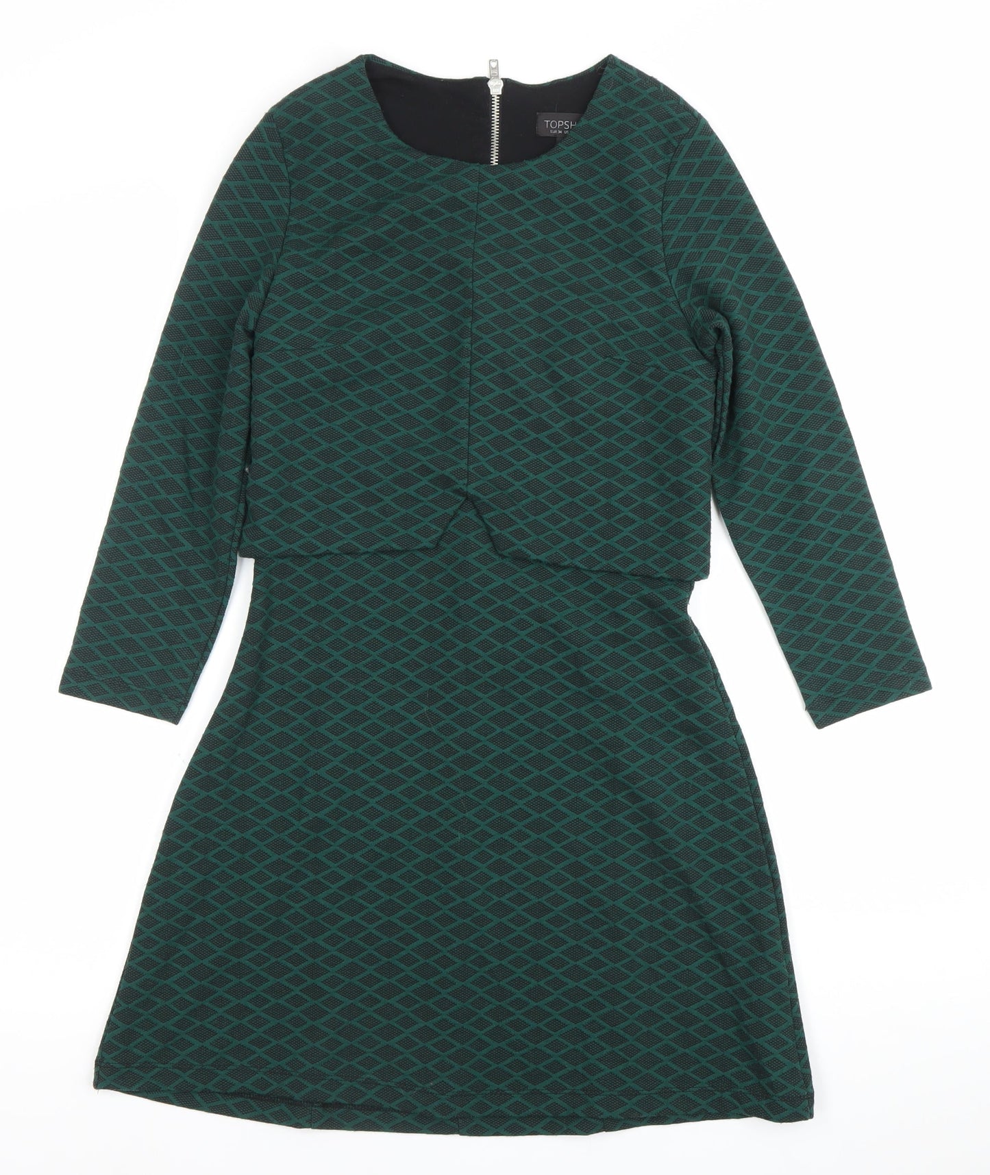 Topshop Women’s Green Geometric A-Line Zip Dress Size 6