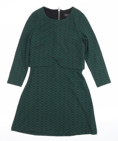 Topshop Women’s Green Geometric A-Line Zip Dress Size 6