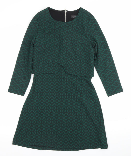 Topshop Women’s Green Geometric A-Line Zip Dress Size 6