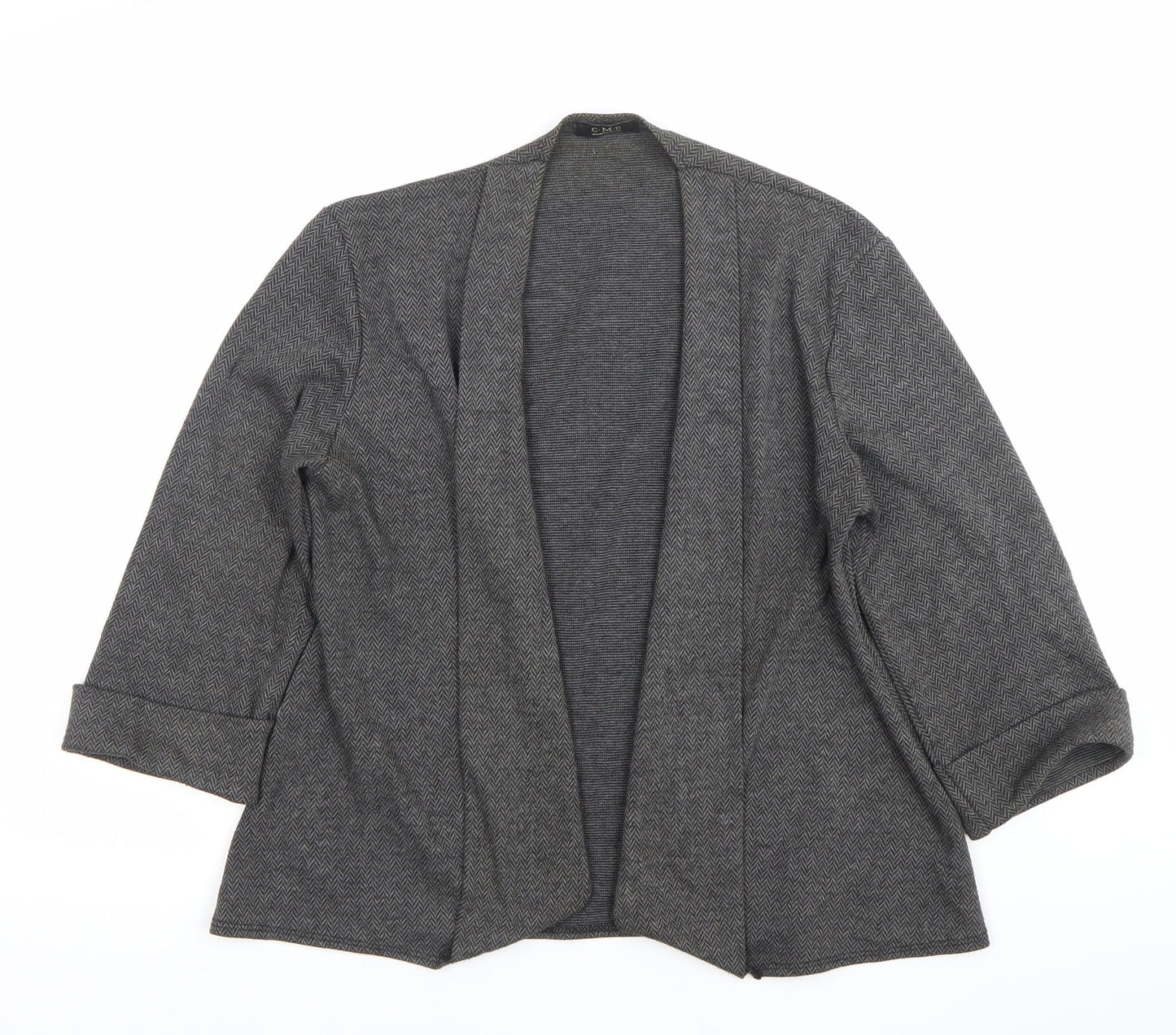 C.M.D Womens Grey Herringbone Cardigan M 3/4 Sleeve Open Knit