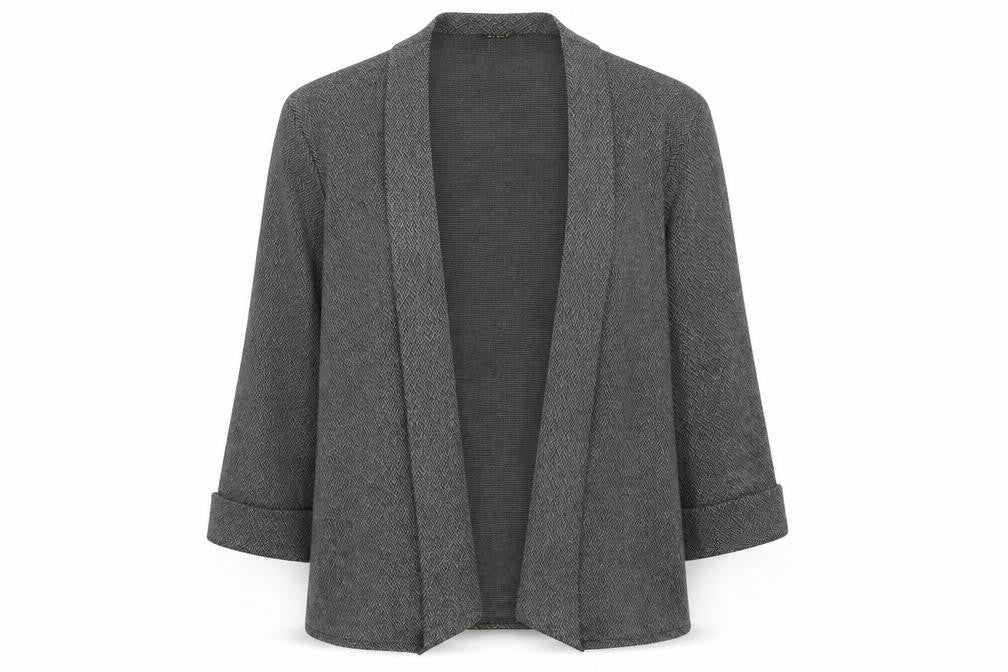 CMD Womens Grey Herringbone Cardigan M 3/4 Sleeve Open Knit