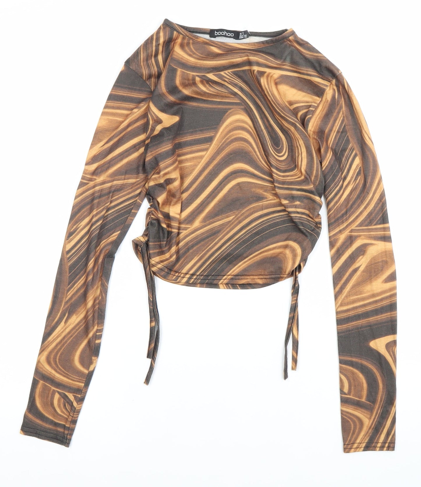 Boohoo Women’s Brown Geometric Print Cropped Long Sleeve Blouse Size 6
