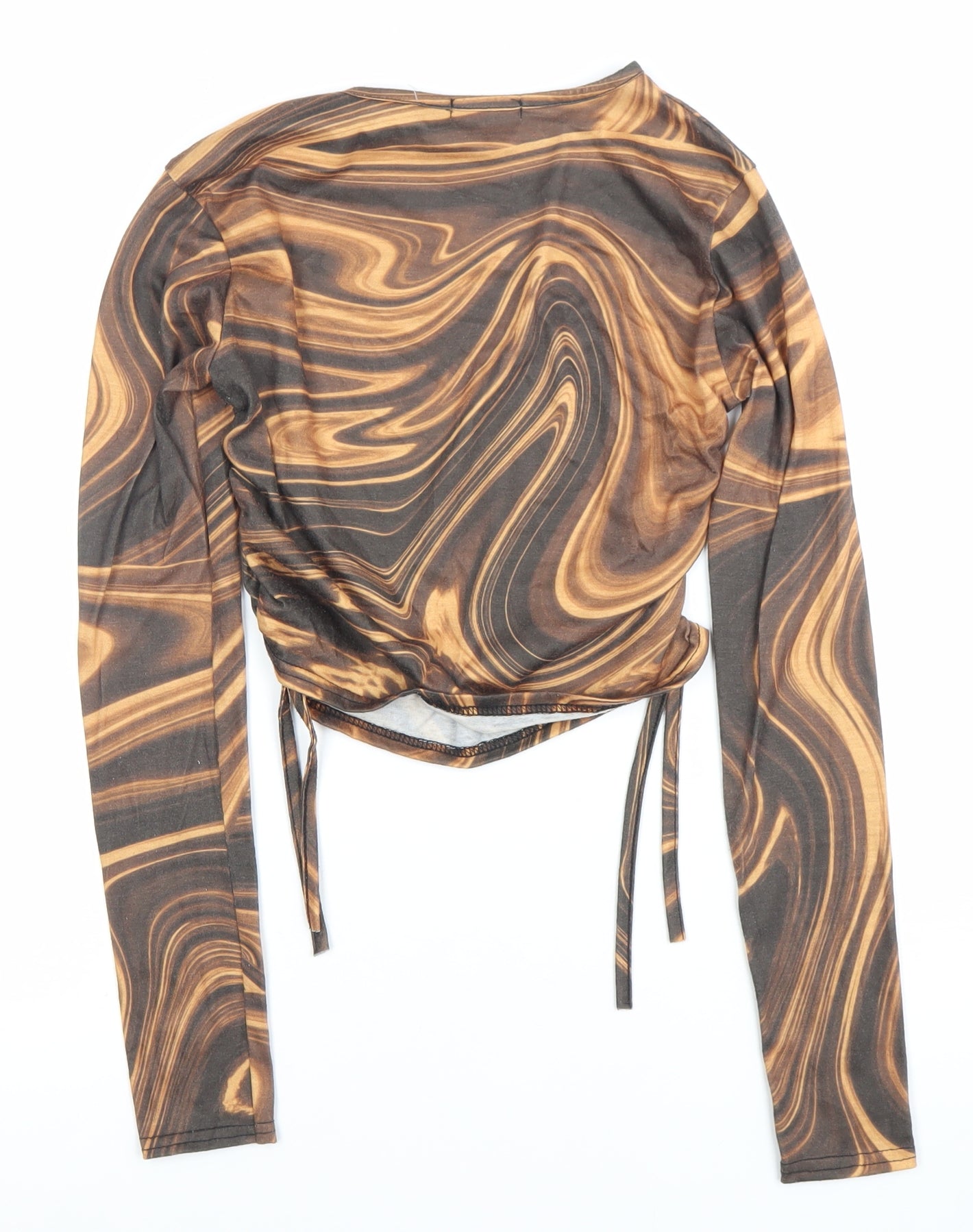 Boohoo Women’s Brown Geometric Print Cropped Long Sleeve Blouse Size 6