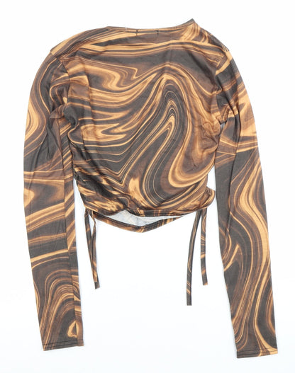 Boohoo Women’s Brown Geometric Print Cropped Long Sleeve Blouse Size 6