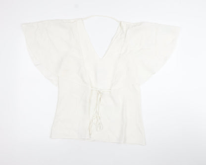River Island Women White Size 10 Wrap Blouse Flutter Sleeve