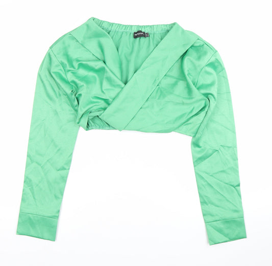PrettyLittleThing Womens Green Crop Wrap Blouse UK 8 Long Sleeve