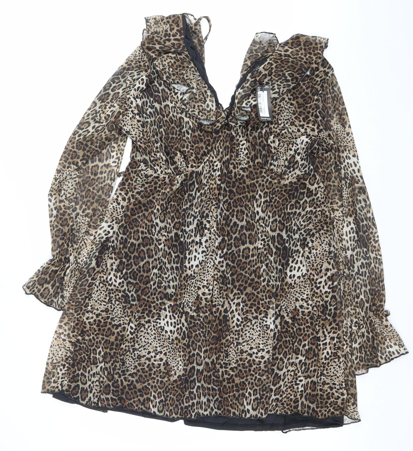 Boohoo Women Brown Leopard Print Wrap Dress Size 14 V-Neck Long Sleeve
