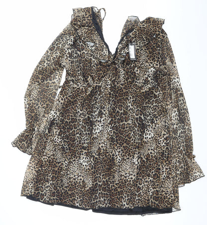 Boohoo Women Brown Leopard Print Wrap Dress Size 14 V-Neck Long Sleeve