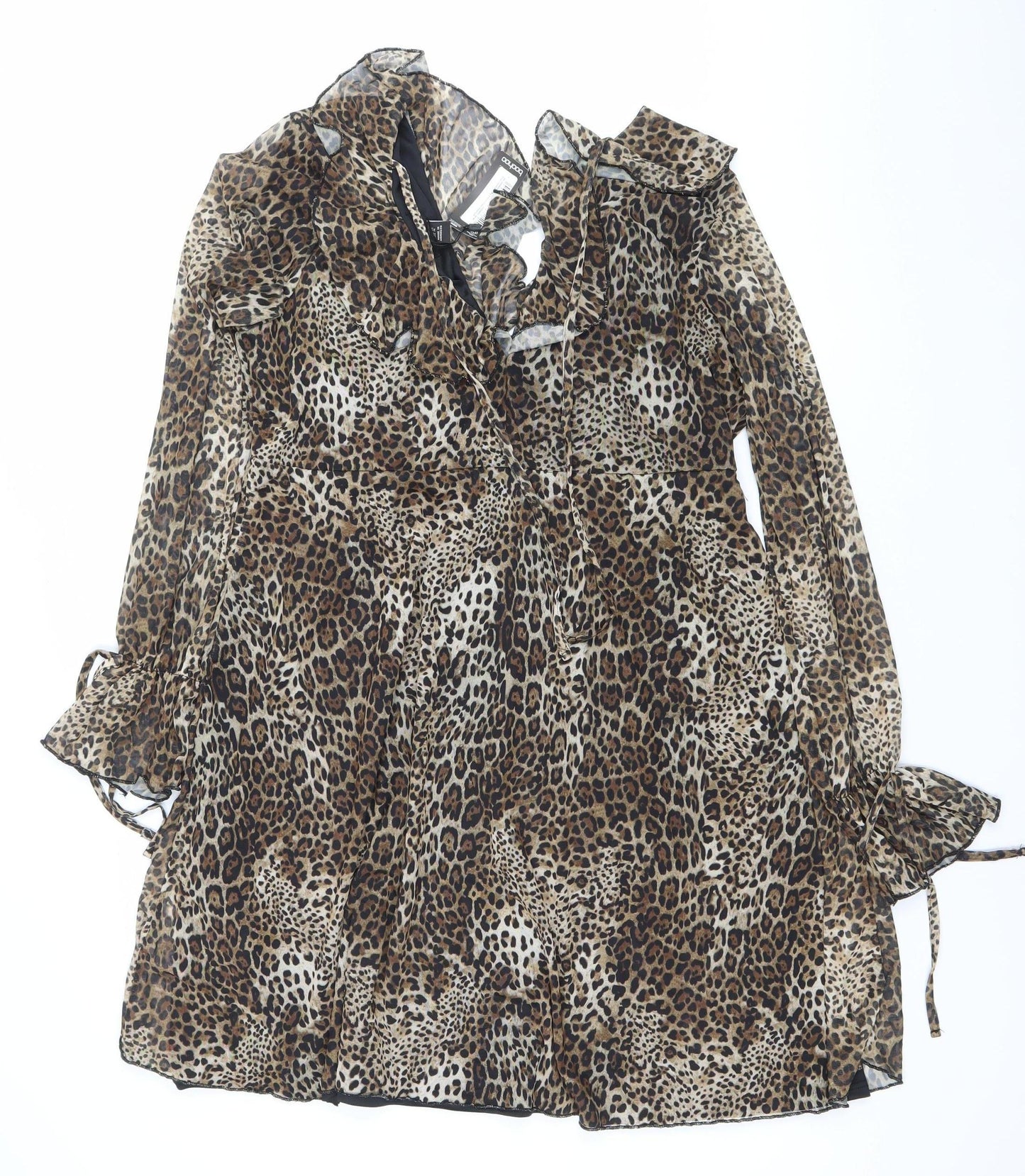 Boohoo Women Brown Leopard Print Wrap Dress Size 14 V-Neck Long Sleeve