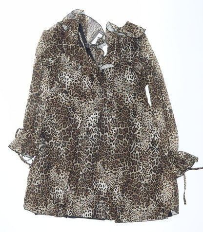 Boohoo Women Brown Leopard Print Wrap Dress Size 14 V-Neck Long Sleeve