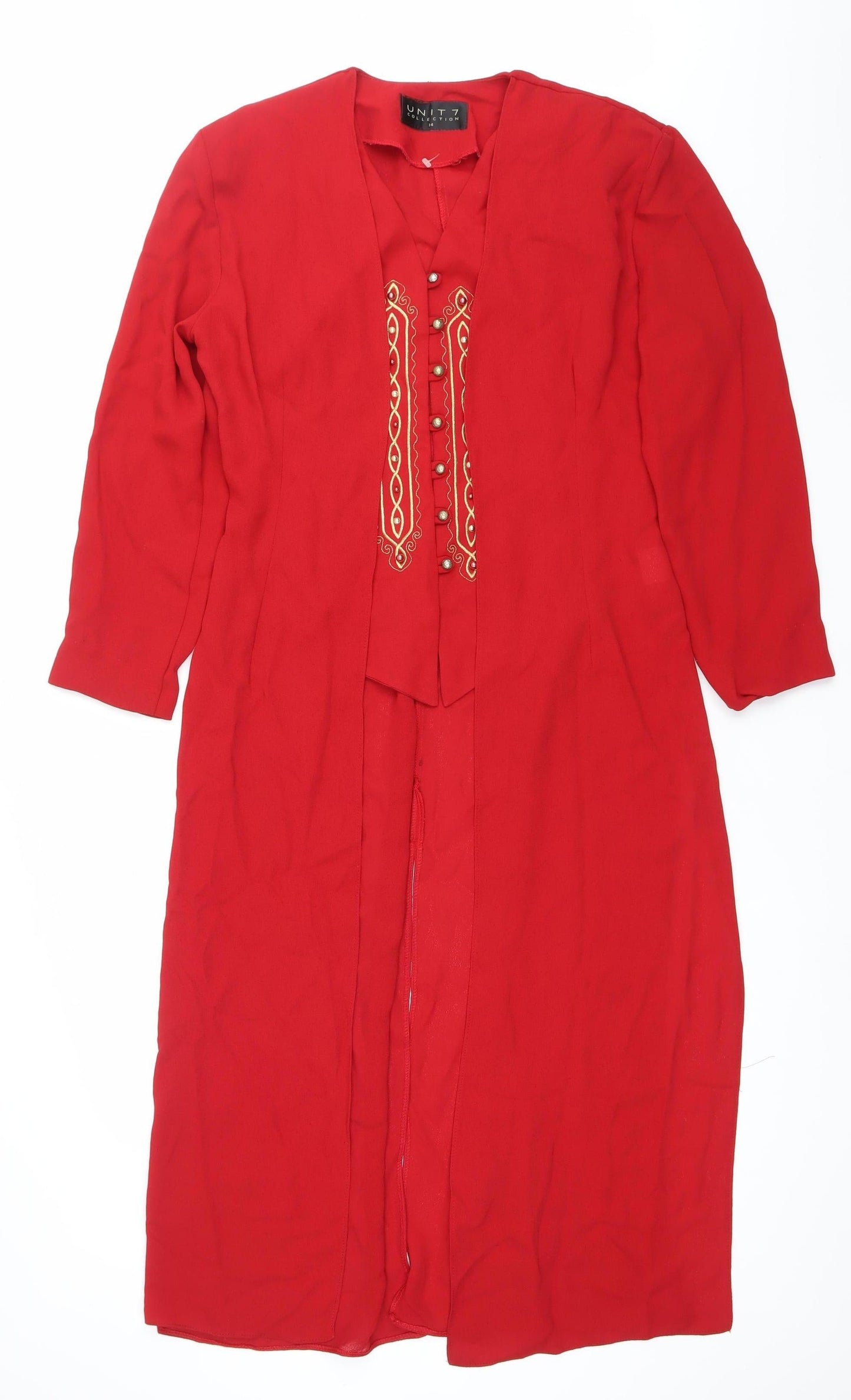 Unit 7 Womens Red Tunic Blouse Size 14 Embroidered 3/4 Sleeve