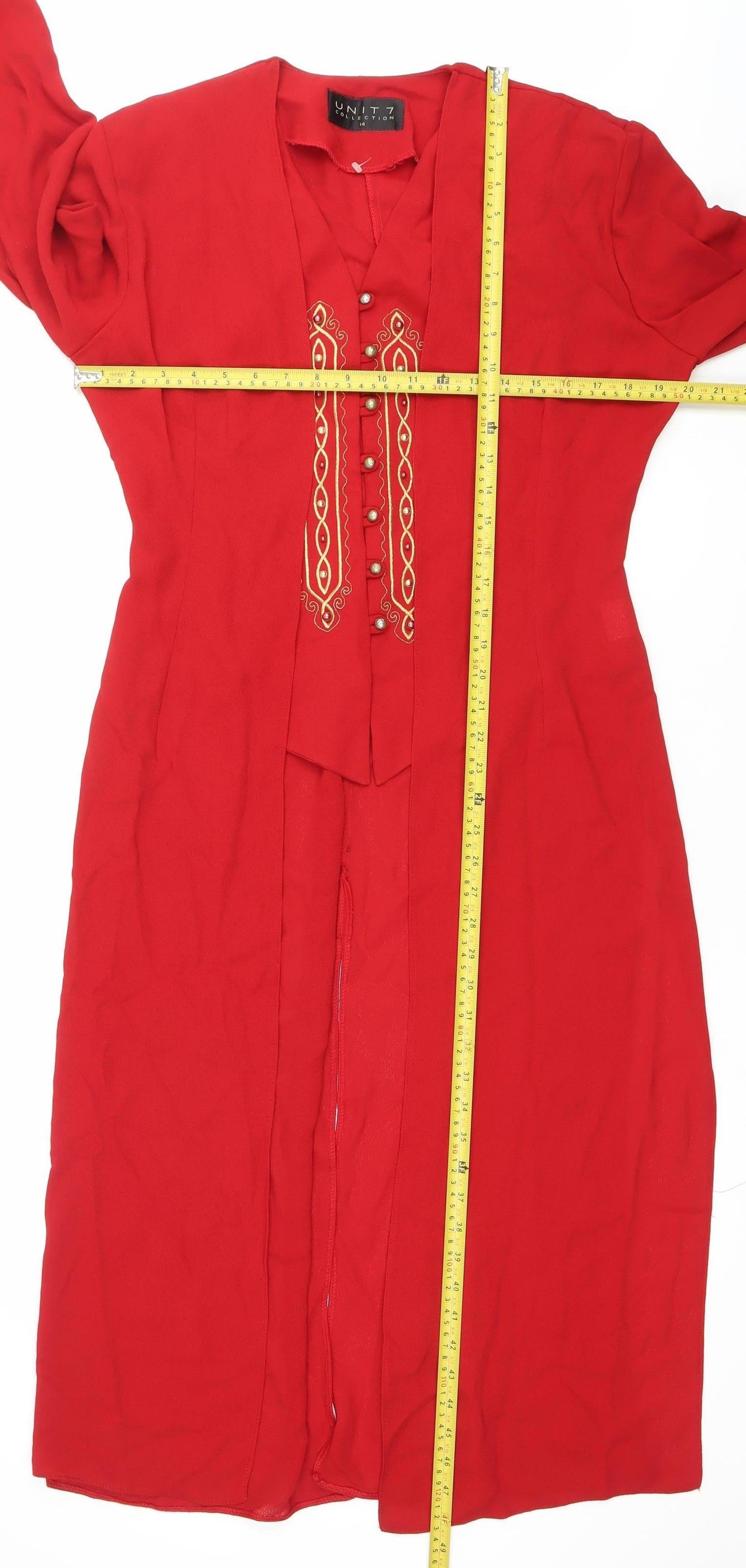 Unit 7 Womens Red Tunic Blouse Size 14 Embroidered 3/4 Sleeve