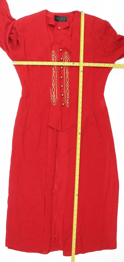 Unit 7 Womens Red Tunic Blouse Size 14 Embroidered 3/4 Sleeve