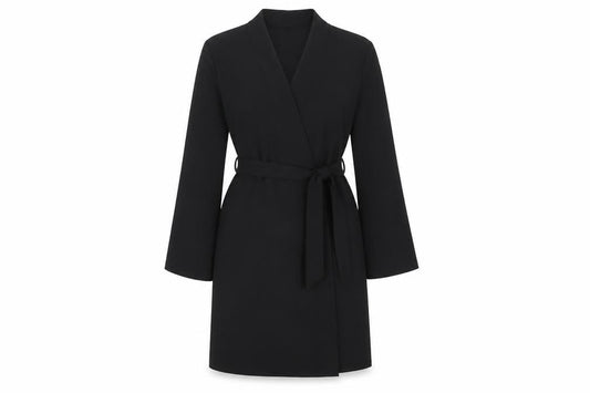 Front view of ASOS Women’s Black Wrap Dress, size UK 8, Kimono Sleeve Belted