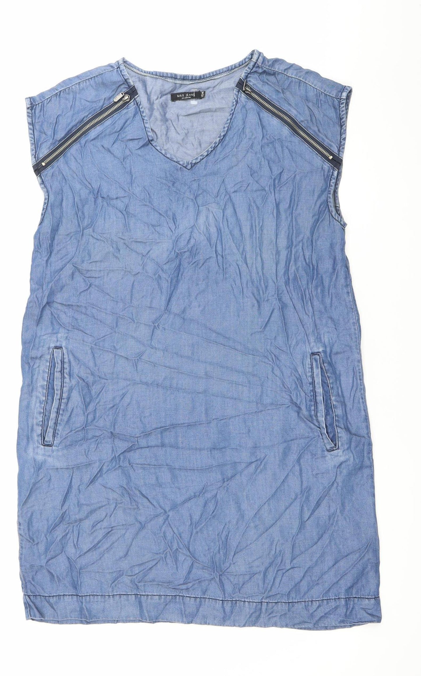 Max Jeans Women Blue Chambray Shift Dress Size M Sleeveless Zip Pockets