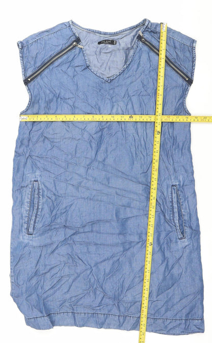 Max Jeans Women Blue Chambray Shift Dress Size M Sleeveless Zip Pockets