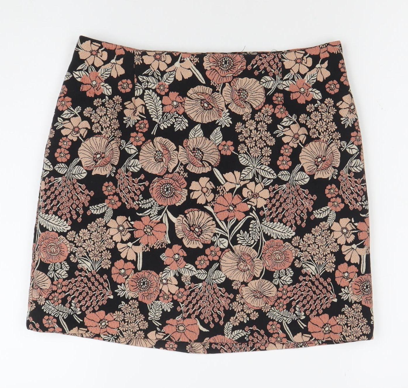 New Look Womens Floral Skirt Size 8 Black Pink Short Pencil