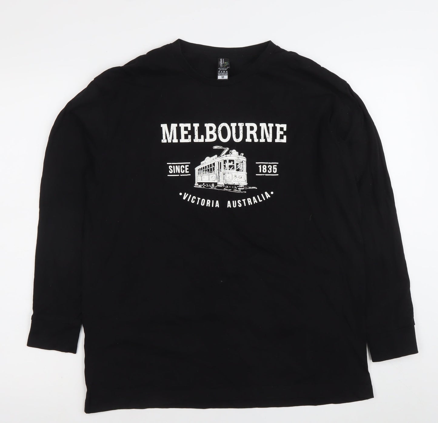 I & B Fashion Unisex Black Melbourne Print Long Sleeve Cotton T-Shirt M